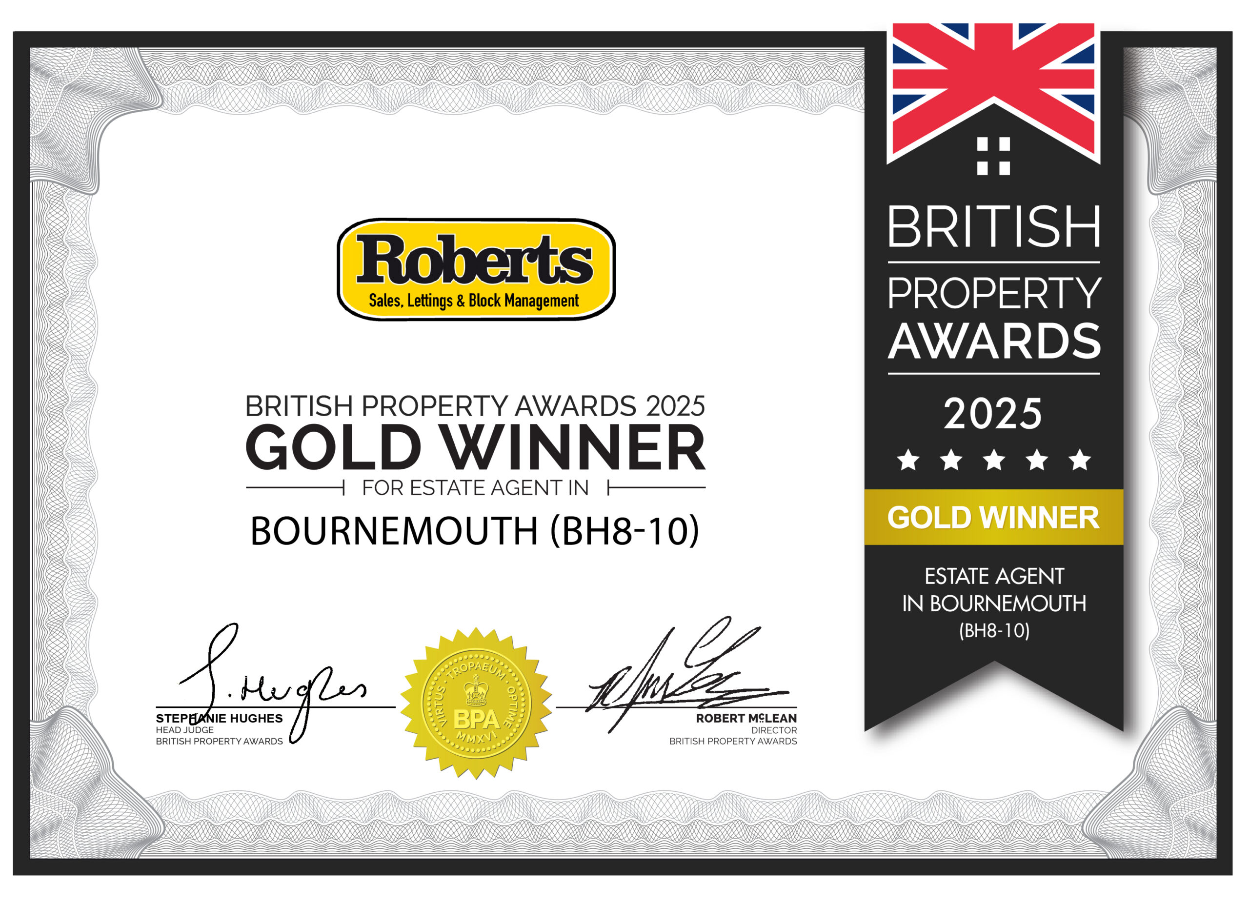 British Property Awards 2025 winner certificate for Roberts Estate Agents