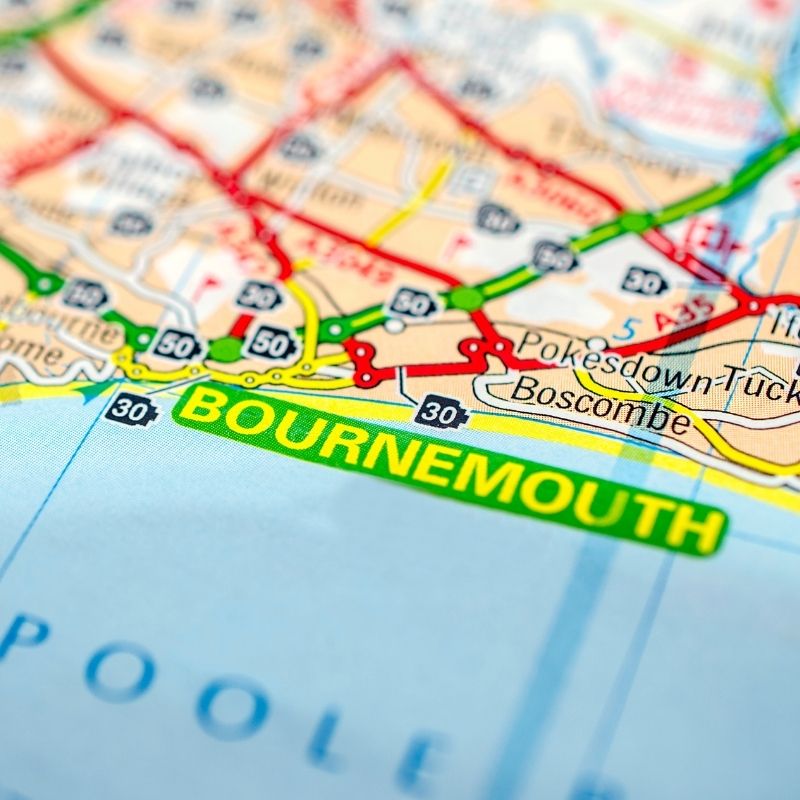 Close-up map showing Bournemouth and surrounding areas, including Boscombe and Pokesdown, representing areas covered by Bournemouth landlords